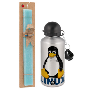 Linux, Πασχαλινό Σετ, παγούρι μεταλλικό Ασημένιο αλουμινίου (500ml) & πασχαλινή λαμπάδα αρωματική πλακέ (30cm) (ΤΙΡΚΟΥΑΖ)