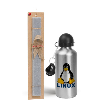 Linux, Πασχαλινό Σετ, παγούρι μεταλλικό Ασημένιο αλουμινίου (500ml) & πασχαλινή λαμπάδα αρωματική πλακέ (30cm) (ΓΚΡΙ)