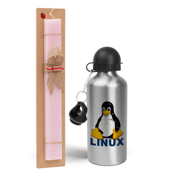 Linux, Πασχαλινό Σετ, παγούρι μεταλλικό Ασημένιο αλουμινίου (500ml) & πασχαλινή λαμπάδα αρωματική πλακέ (30cm) (ΡΟΖ)