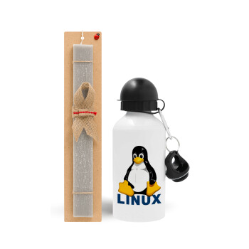 Linux, Πασχαλινό Σετ, παγούρι μεταλλικό  αλουμινίου (500ml) & πασχαλινή λαμπάδα αρωματική πλακέ (30cm) (ΓΚΡΙ)