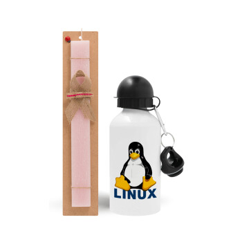 Linux, Πασχαλινό Σετ, παγούρι μεταλλικό αλουμινίου (500ml) & πασχαλινή λαμπάδα αρωματική πλακέ (30cm) (ΡΟΖ)