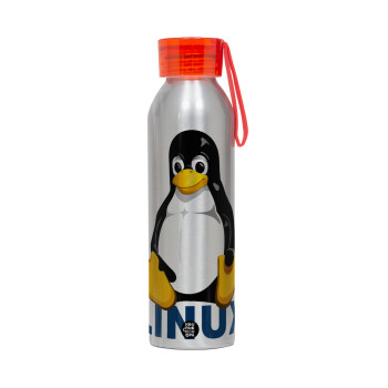 Linux, Aluminum Sports Bottle 650ml – Silver with Red Cap and Silicone Strap