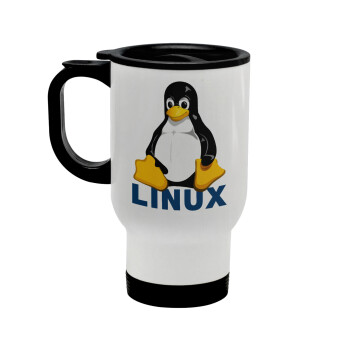 Linux, Κούπα ταξιδιού ανοξείδωτη με καπάκι, διπλού τοιχώματος (θερμό) λευκή 450ml