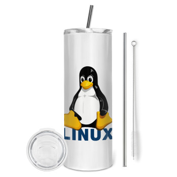Linux, Eco friendly ποτήρι θερμό (tumbler) από ανοξείδωτο ατσάλι 600ml, με μεταλλικό καλαμάκι & βούρτσα καθαρισμού