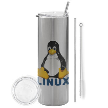Linux, Eco friendly ποτήρι θερμό Ασημένιο (tumbler) από ανοξείδωτο ατσάλι 600ml, με μεταλλικό καλαμάκι & βούρτσα καθαρισμού