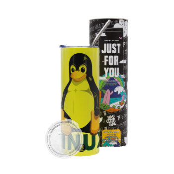 Linux, Neon Yellow Travel Tumbler, with metal straw (Stainless steel 304 Food grade, BPA free, 600ml)