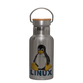 Linux, Stainless steel metallic thermos flask, silver with a bamboo lid, double-walled, 350ml.