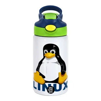 Linux, Children's hot water bottle, stainless steel, with safety straw, green, blue (350ml)