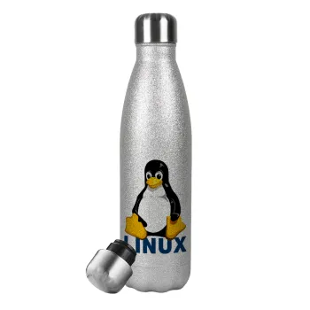 Linux, Μεταλλικό παγούρι θερμός Glitter Aσημένιο (Stainless steel), διπλού τοιχώματος, 500ml