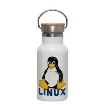 Linux, Μεταλλικό παγούρι θερμός (Stainless steel) Λευκό με ξύλινο καπακι (bamboo), διπλού τοιχώματος, 350ml