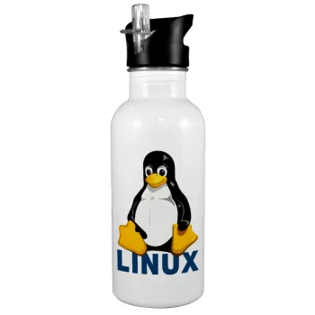 Linux, Παγούρι νερού Λευκό με καλαμάκι, ανοξείδωτο ατσάλι 600ml