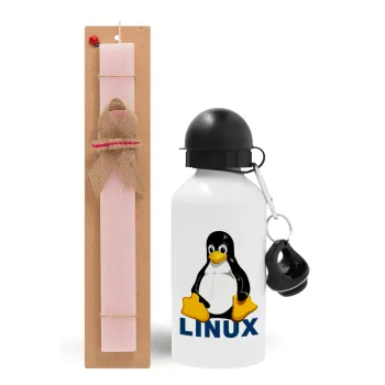 Linux, Πασχαλινή Λαμπάδα με παγούρι μεταλλικό αλουμινίου (500ml) & κερί αρωματικό πλακέ (30cm) (ΡΟΖ)