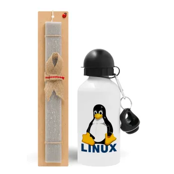 Linux, Πασχαλινή Λαμπάδα με παγούρι μεταλλικό  αλουμινίου (500ml) & κερί αρωματικό πλακέ (30cm) (ΓΚΡΙ)