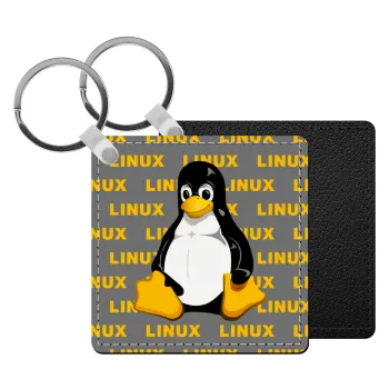 Linux, Μπρελόκ Δερματίνη, τετράγωνο ΜΑΥΡΟ (5x5cm)