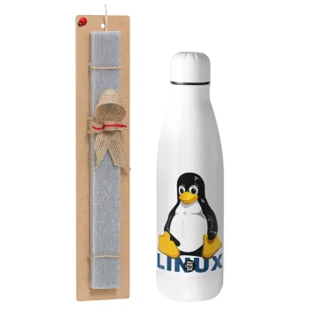 Linux, Πασχαλινή Λαμπάδα με μεταλλικό παγούρι θερμός ανοξείδωτο (500ml) & κερί αρωματικό πλακέ (30cm) (ΓΚΡΙ)