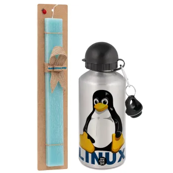 Linux, Πασχαλινή Λαμπάδα με παγούρι μεταλλικό Ασημένιο αλουμινίου (500ml) & κερί αρωματικό πλακέ (30cm) (ΤΙΡΚΟΥΑΖ)