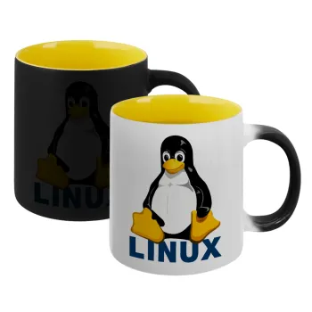 Linux, Κούπα Μαγική εσωτερικό κίτρινη, κεραμική 330ml που αλλάζει χρώμα με το ζεστό ρόφημα