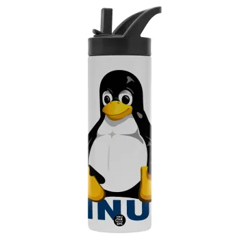 Linux, Μεταλλικό παγούρι θερμός με καλαμάκι & χειρολαβή, ανοξείδωτο ατσάλι (Stainless steel 304), διπλού τοιχώματος, 600ml