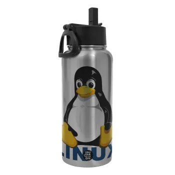 Linux, Μεταλλικό παγούρι θερμός Silver με καλαμάκι και χερούλι (Stainless steel), διπλού τοιχώματος, 950ml