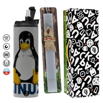 Linux, Πασχαλινή Λαμπάδα με Travel Tumbler θερμό (600ml, BPA free) & κερί αρωματικό πλακέ (30cm) (ΓΚΡΙ)