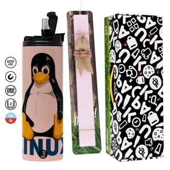 Linux, Πασχαλινή Λαμπάδα με  ΡΟΖ Travel Tumbler θερμό (600ml, BPA free) & κερί αρωματικό πλακέ (30cm) (ΡΟΖ)