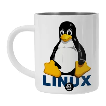 Linux, Λευκή Ανοξείδωτη Μεταλλική Κούπα 450ml - Διπλού Τοιχώματος 