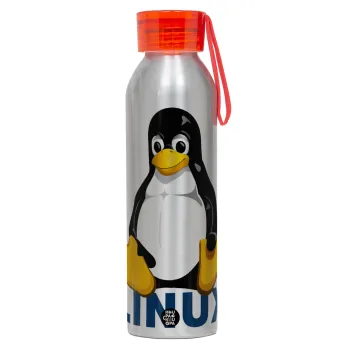 Linux, Αλουμινένιο Αθλητικό Μπουκάλι 650ml – Ασημί με Κόκκινο Καπάκι και Λουράκι Σιλικόνης