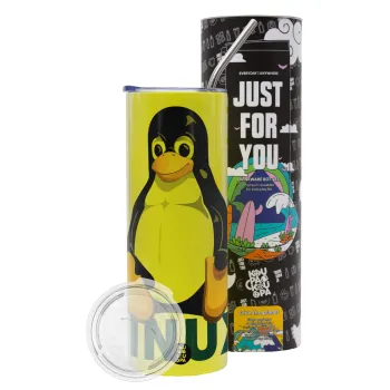 Linux, Neon Yellow Travel Tumbler θερμό, μεταλλικό καλαμάκι(Ανωξείδωτο 304 Food grade, BPA free, 600ml)
