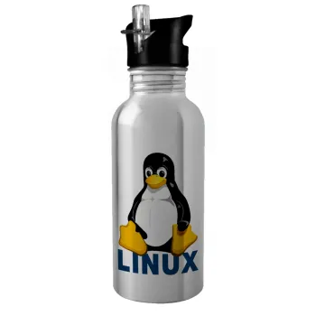 Linux, Water bottle Silver with straw, stainless steel 600ml