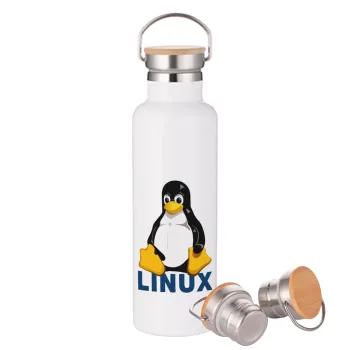 Linux, Stainless steel White with wooden lid (bamboo), double wall, 750ml