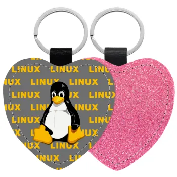 Linux, Μπρελόκ PU δερμάτινο glitter καρδιά ΡΟΖ