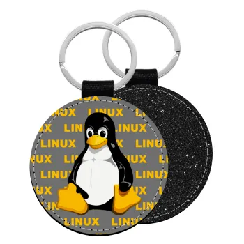 Linux, Μπρελόκ Δερματίνη, στρογγυλό ΜΑΥΡΟ (5cm)