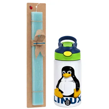 Linux, Easter Set, Children's thermal stainless steel bottle with safety straw, green/blue (350ml) & aromatic flat Easter candle (30cm) (TURQUOISE)