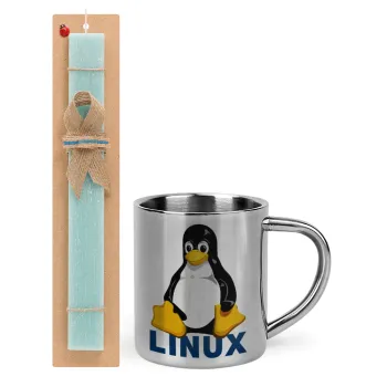 Linux, Πασχαλινή Λαμπάδα με μεταλλική κούπα θερμό (300ml) & κερί αρωματικό πλακέ (30cm) (ΤΙΡΚΟΥΑΖ)