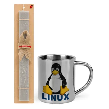 Linux, Easter Set, metallic thermal cup (300ml) & Easter aromatic flat candle (30cm) (GRAY)