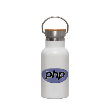 PHP, Μεταλλικό παγούρι θερμός (Stainless steel) Λευκό με ξύλινο καπακι (bamboo), διπλού τοιχώματος, 350ml