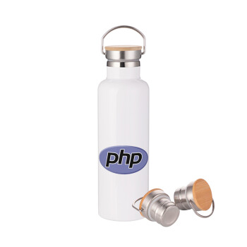 PHP, Μεταλλικό παγούρι θερμός (Stainless steel) Λευκό με ξύλινο καπακι (bamboo), διπλού τοιχώματος, 750ml