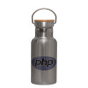 Stainless steel metallic thermos flask, silver with a bamboo lid, double-walled, 350ml.