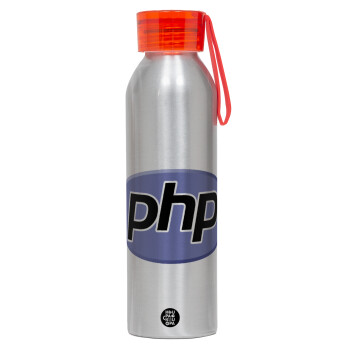PHP, Aluminum Sports Bottle 650ml – Silver with Red Cap and Silicone Strap