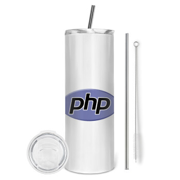 PHP, Eco friendly ποτήρι θερμό (tumbler) από ανοξείδωτο ατσάλι 600ml, με μεταλλικό καλαμάκι & βούρτσα καθαρισμού