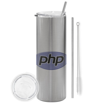 PHP, Eco friendly ποτήρι θερμό Ασημένιο (tumbler) από ανοξείδωτο ατσάλι 600ml, με μεταλλικό καλαμάκι & βούρτσα καθαρισμού