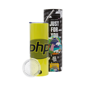 PHP, Neon Yellow Travel Tumbler, with metal straw (Stainless steel 304 Food grade, BPA free, 600ml)