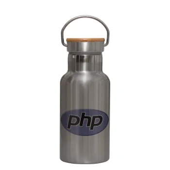 PHP, Stainless steel metallic thermos flask, silver with a bamboo lid, double-walled, 350ml.