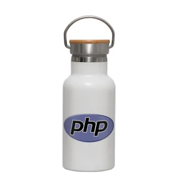 PHP, Μεταλλικό παγούρι θερμός (Stainless steel) Λευκό με ξύλινο καπακι (bamboo), διπλού τοιχώματος, 350ml