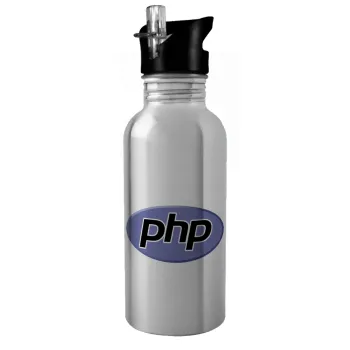 PHP, Water bottle Silver with straw, stainless steel 600ml