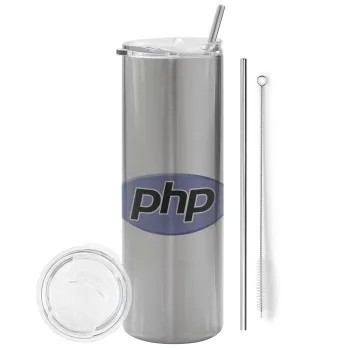 PHP, Tumbler ποτήρι θερμό Ασημένιο από ανοξείδωτο ατσάλι 600ml, με μεταλλικό καλαμάκι & βούρτσα καθαρισμού
