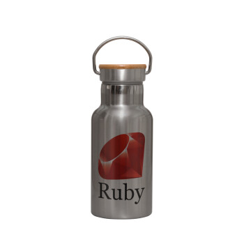 Ruby, Μεταλλικό παγούρι θερμός (Stainless steel) Ασημένιο με ξύλινο καπακι (bamboo), διπλού τοιχώματος, 350ml