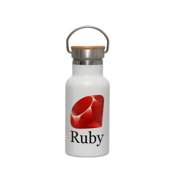 Ruby, Μεταλλικό παγούρι θερμός (Stainless steel) Λευκό με ξύλινο καπακι (bamboo), διπλού τοιχώματος, 350ml