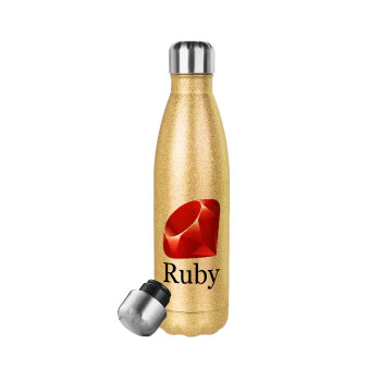 Ruby, Μεταλλικό παγούρι θερμός Glitter χρυσό (Stainless steel), διπλού τοιχώματος, 500ml