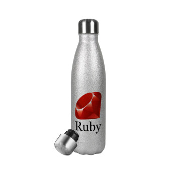 Ruby, Μεταλλικό παγούρι θερμός Glitter Aσημένιο (Stainless steel), διπλού τοιχώματος, 500ml